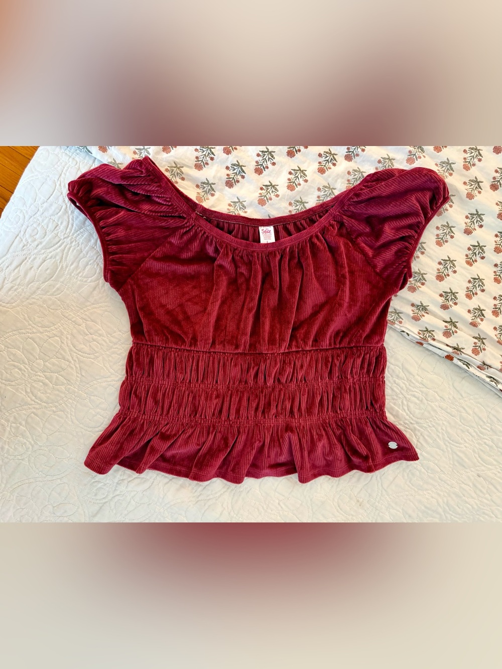 Girl’s Justice Ribbed Velour Smocked Burgundy Peplum Top Blouse